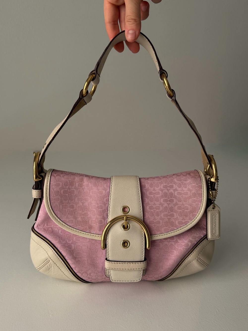 Vintage Coach SoHo Pink + Gold Signature White Leather Shoulder Bag 1457